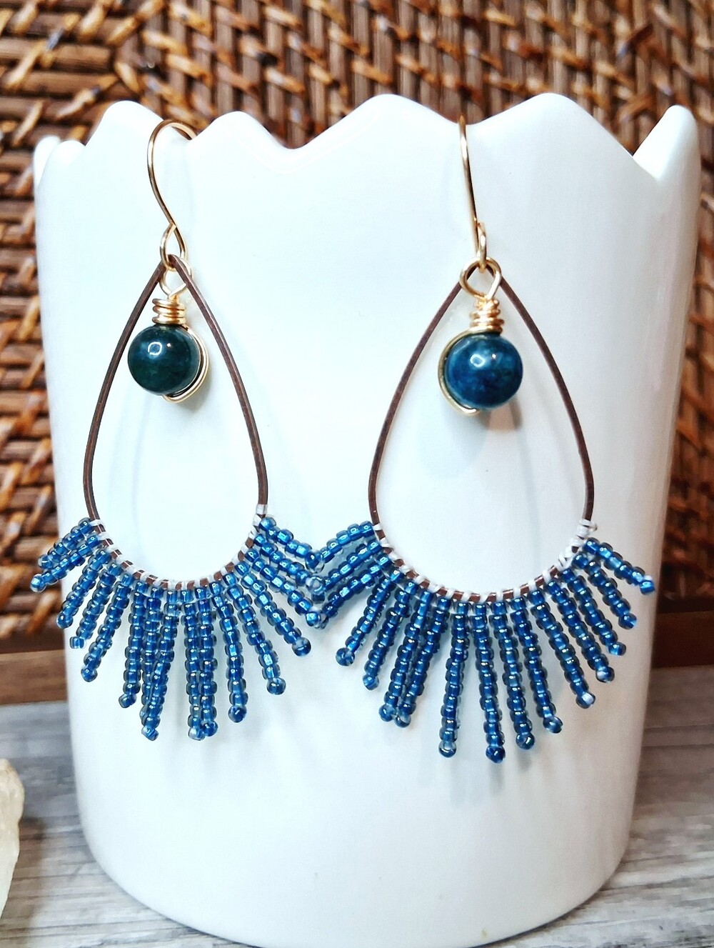 Blue Apatite Gemstone Beaded Teardrop Earrings with Gold Accents